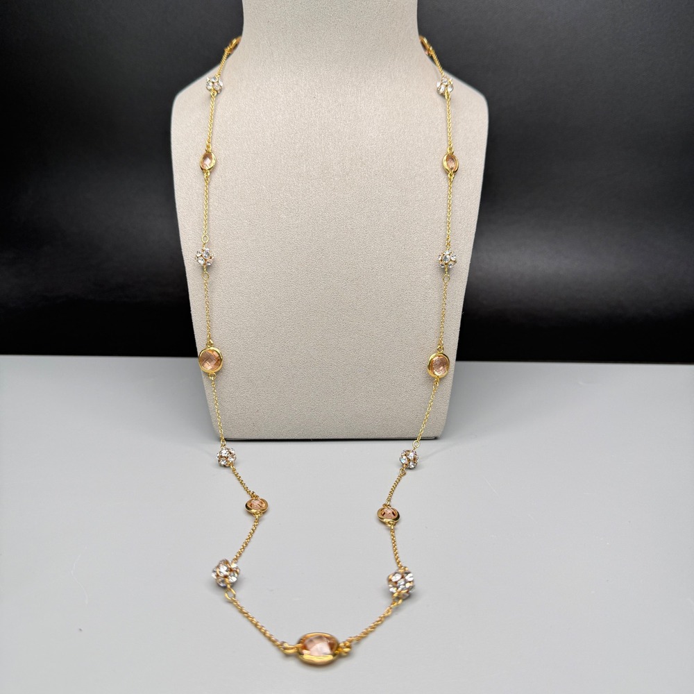 Gold Tone Open Bezel Station Necklace Peach Glass Rhinestone Elegant Glam 36"